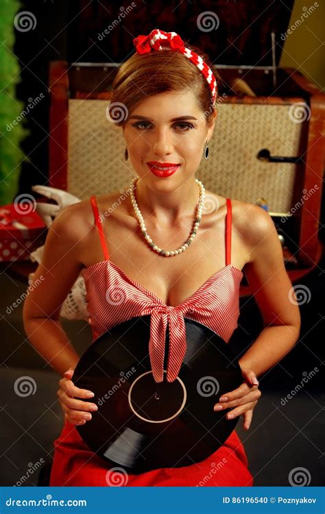 Retro Woman With Music Vinyl Record Girl Pin Up Style Wearing Red Dress Stock Photo Image Of