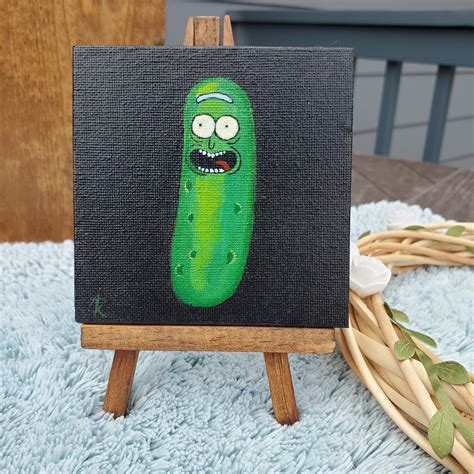 Pickle Rick Painting On Mini Canvas 4x4 Inches With Easel Etsy