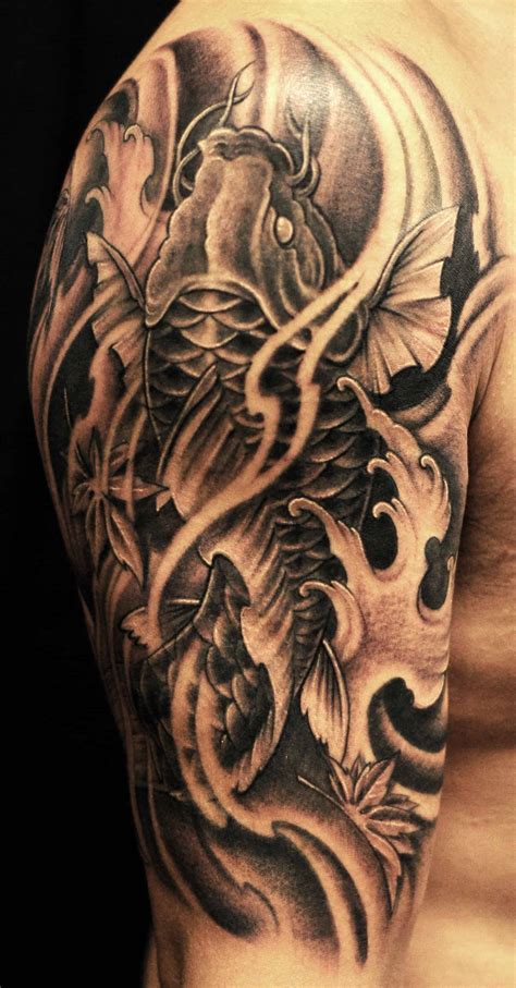 It is inspiring and a great design! Half-sleeve-black-and-grey-Koi-Fish-tattoo.jpg (1806×3456 ...