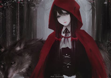 Little Red Riding Hood Women Brunette Looking At Viewer Blue Eyes Aoi Ogata Red Hood Wolf