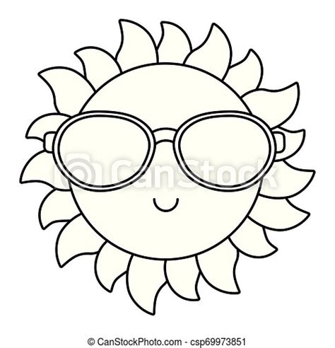 Sun Smiling With Sunglasses Cartoon In Black And White Happy Sun