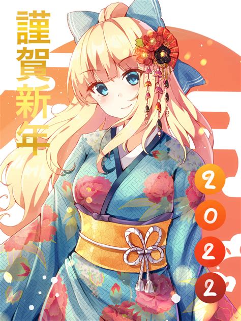 safebooru 1girl 2022 absurdres bangs blonde hair blue bow blue eyes blue kimono bow breasts