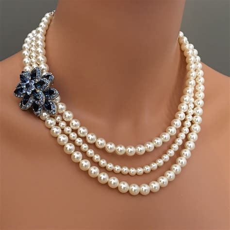 Complete Jewelry Set Pearl Necklace With Brooch Navy Blue Rhinestone Earrings Bracelet Cream