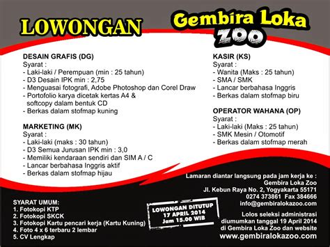 Info lowongan kerja di indonesia | kontak: Gembira Loka Zoo: Desain Grafis, Marketing, Kasir dan Operator Wahana - Lowongan Jateng-DIY