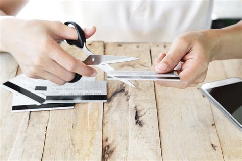 Woman Is Cutting Credit Card With Scissors Stock Image Image Of Front