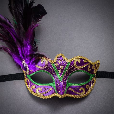 Mardi Gras Glitter Masquerade Mask With Side Feather Gold