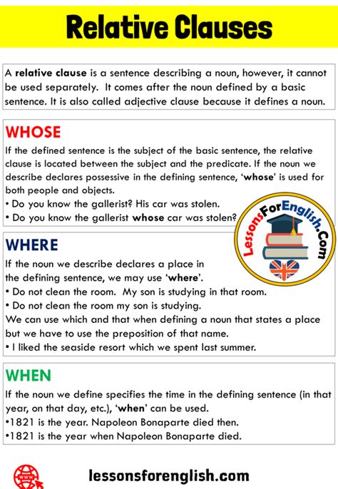 Defining relative clauses (also called identifying relative clauses or restrictive relative clauses) give detailed information defining a general term or expression. Relative Clauses - WHOSE, WHERE, WHEN, Definition and Example Sentences - Lessons For English
