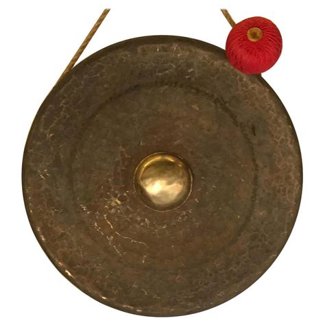 Antique Burmese Bronze Temple Gong With Red Mallet And Raised Center