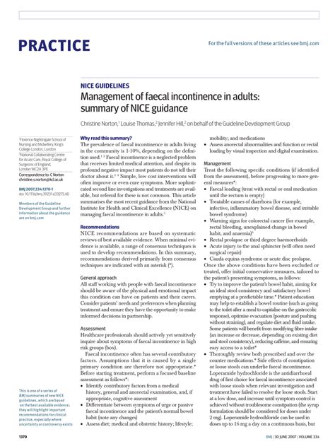 Nice Guidelines Management Of Faecal Incontinence In Adults Summary