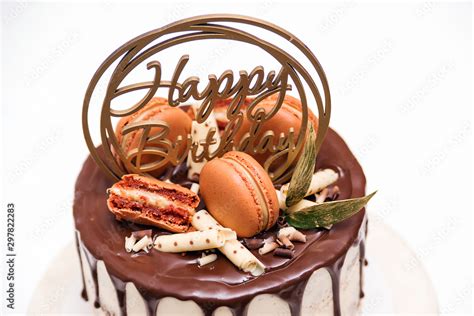 Birthday Cake Decorated With Golden Macaroons Top View Elegant Naked Cake Topped By Chocolate