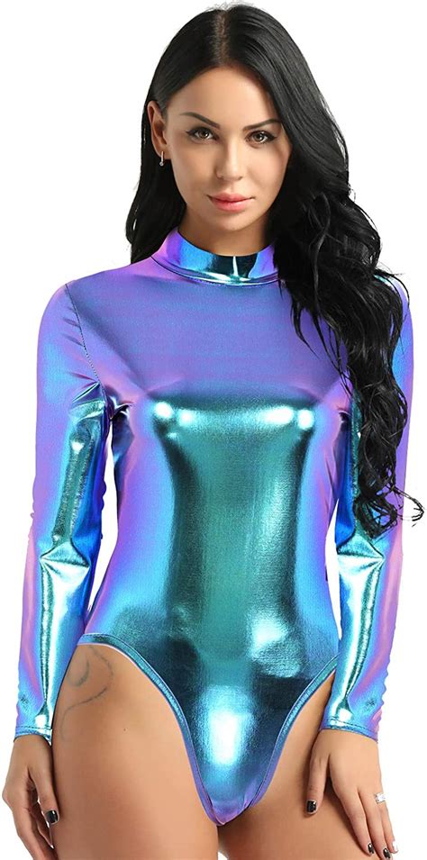 Iefiel Womens Metallic Body Turtleneck Holographic Body Long Sleeve Top Shirt Leotard Dance