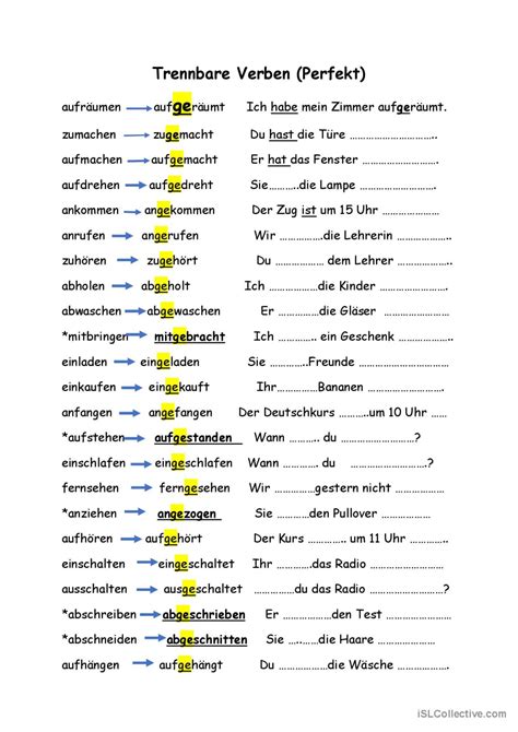 Trennbare Verben im Präsens un Deutsch DAF Arbeitsblätter pdf doc