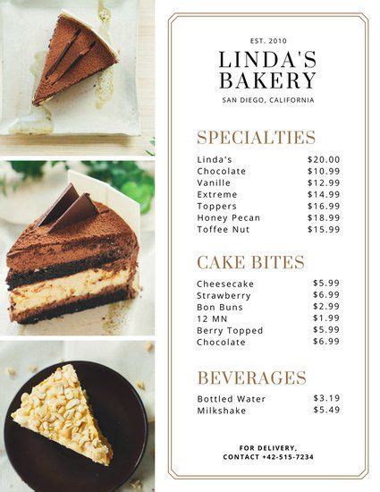 The Menu For Lindas Bakery Is Shown With Pictures Of Cakes And Desserts