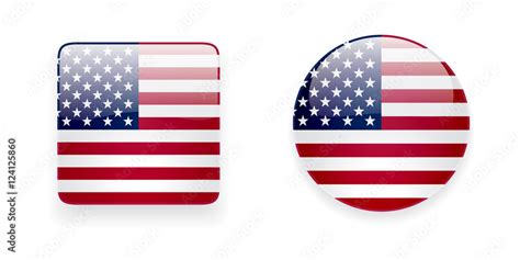 American Flag Vector Icon Set Glossy Square Icon And Round Icon With