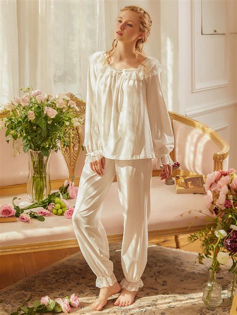 Women Cotton Lace Pajamas Sets Casual Long Sleeve Homewear Etsy