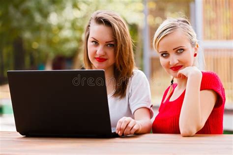 Girls With Laptop Stock Image Image Of Outdoors Pretty 34428151