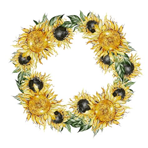 Premium Photo Watercolor Wreath With Sunflowers And Leaves Illustration