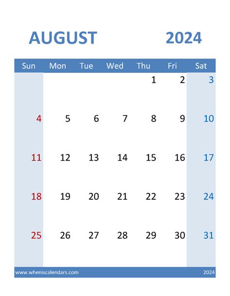 Aug 2024 Print Calendar Monthly Calendar