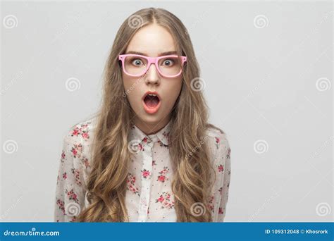 Portrait Young Blonde Girl Looking At Camera With Surprised Fa Stock