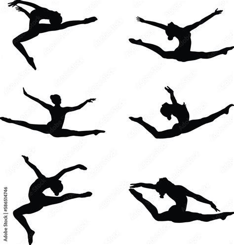 Set Group Gymnast Girl Doing Split Leap Exercise In Artistic Gymnastics Black Silhouette On