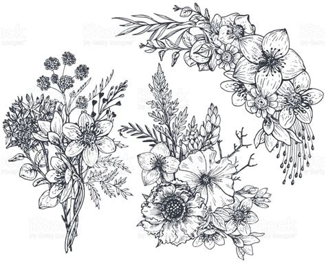 Set Of Floral Compositions Bouquets With Hand Drawn Flowers And