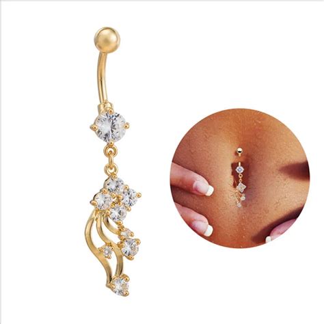 Vintage Flower Cz Women Navel Piercings Jewelry Gold Long Dangle