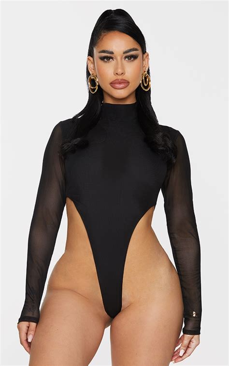 shape black mesh high leg long sleeve bodysuit prettylittlething