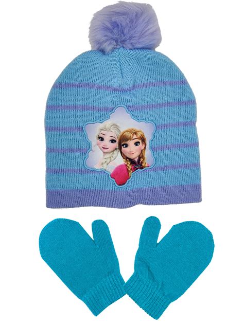 Frozen Anna Elsa Toddler Girls Knit Beanie Hat And Mittens 2 Piece Winter