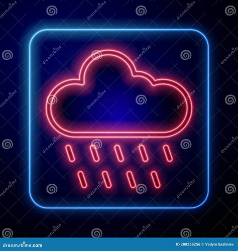Glowing Neon Cloud With Rain Icon Isolated On Blue Background Rain