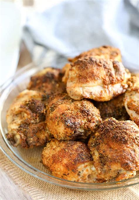 Just combine the spices and generously rub on the to get really crispy chicken skin, you have to crank up the temperature. Crispy Baked Chicken Thighs