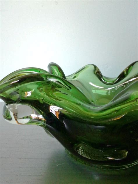 Vintage Hand Blown Green Art Glass Bowl Candy Dish Heavy With Etsy