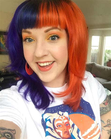 If your brassy hair color has more of yellow in it then you should go for a purple toner to reveal a cooler brown shade of the hair. Split hair dye purple orange #splithair #splithairdye in ...