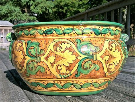 Beautiful Large Oval Italian Ceramic Planterhand Painted Wcrazed Look