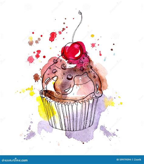 Kuchen Des Kleinen Kuchens Mit Schokolade Und Kirsche Watercolor Stock Abbildung Illustration