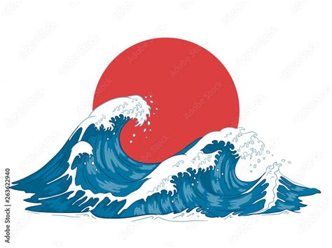Japanese Wave Japanese Big Waves Raging Ocean And Vintage Sea Water Vector Illustration Stock