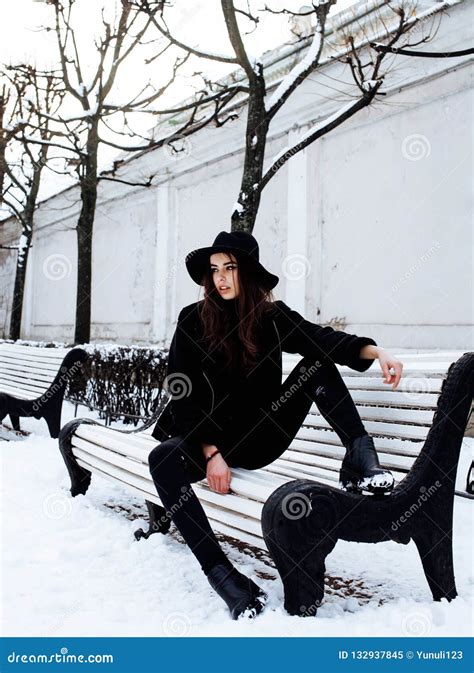 Young Pretty Teenage Hipster Girl Outdoor In Winter Snow Park Ha Stock Image Image Of Fashion
