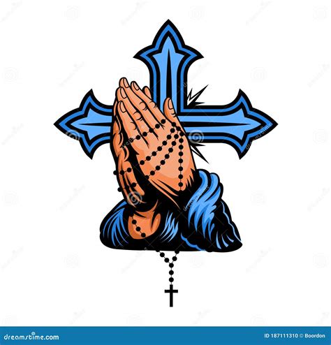 Praying Hands With Chain And Cross Behind It Vector Color Illustration