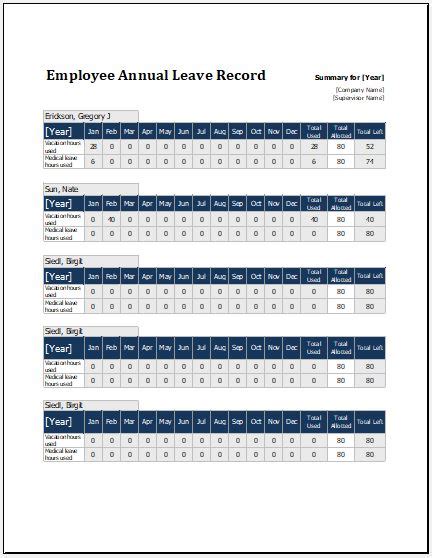 Employee Annual Leave Record Sheet Template Formal Word Templates