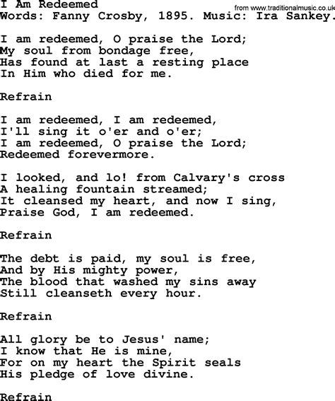 I Am Redeemed By Fanny Crosby Hymn Lyrics