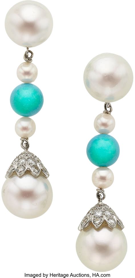 Cultured Pearl Diamond Turquoise White Gold Earrings Estate
