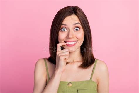 Photo Of Impressed Brunette Lady Finger Mouth Wear Khaki Top Isolated On Pink Color Background