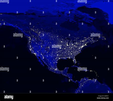 Satellite Map Of North America At Night City Lights Visible Earth From
