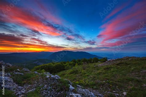 Beautiful Spring Sunrise In Mountains Stock Photo And Royalty Free