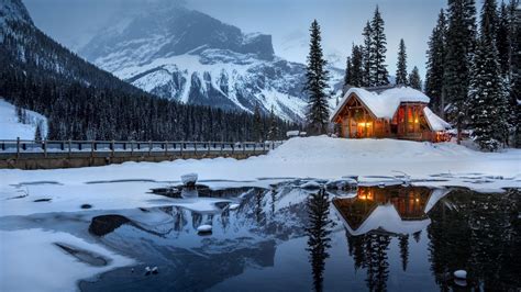 Download 1920x1080 House Lake Reflection Snow Mountain Trees Fog