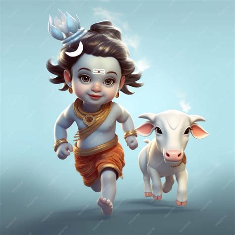 Premium Photo Baby Lord Shiva Running With A Baby Calf On Sky Blue