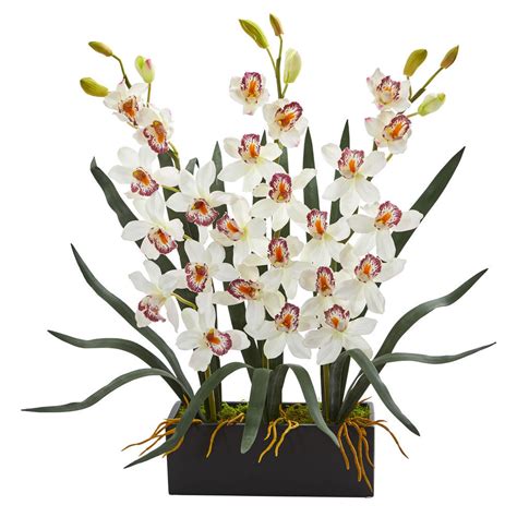 Nearly Natural 25in Cymbidium Orchid Artificial Arrangement In Black Vase