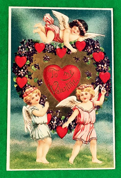 antique 1900s valentines day postcard three cute flying etsy valentine postcards victorian