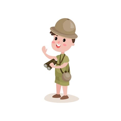 Premium Vector Smiling Boy Scout Character Standing With Binoculars