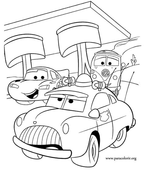 Top 10 disney cars coloring pages for kids: Cars Movie - Lightning McQueen, Sheriff and Fillmore coloring page