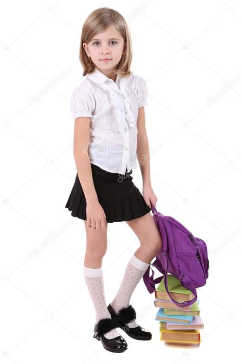 Beautiful Little Girl Holding Backpack Isolated On White ⬇ Stock Photo